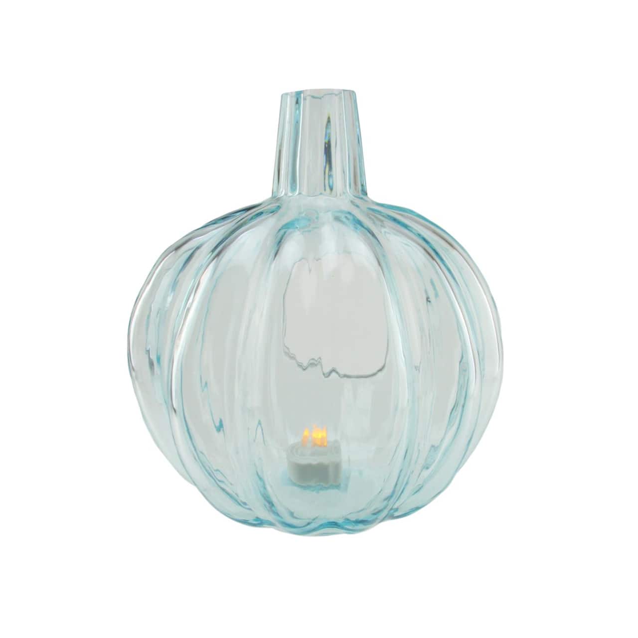 11&#x22; Transparent Light Blue Glass Pumpkin Shaped Pillar Candle Holder